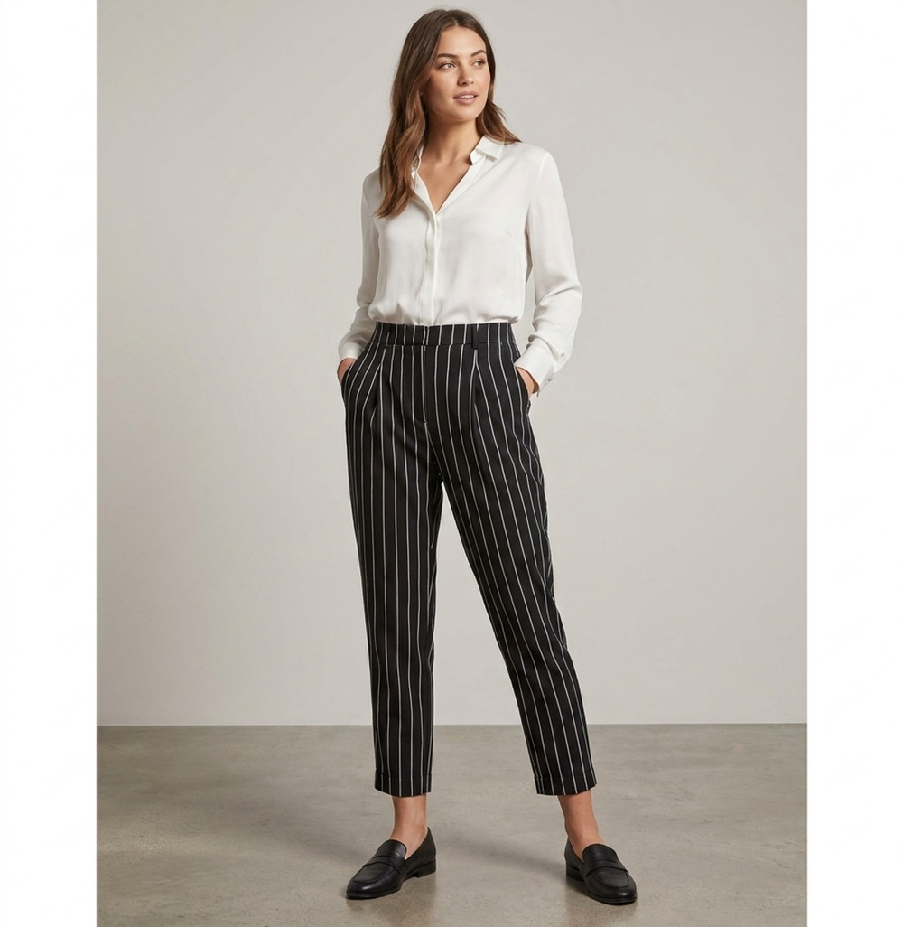 Forever 21 Black Pinstripe Pants Women's Size Medium High Waisted Tapered Leg
